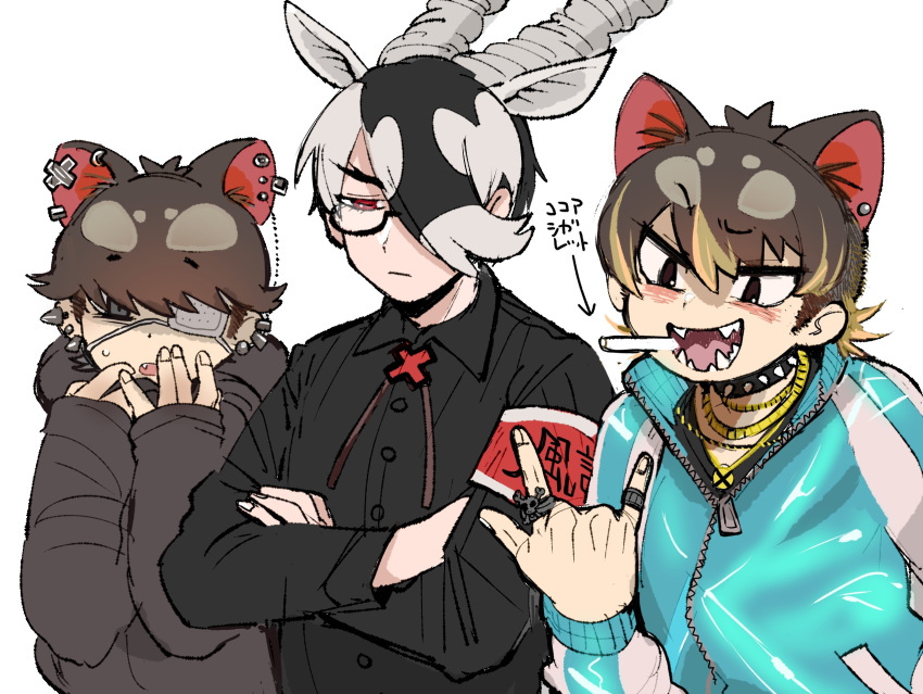 3boys, \m/, alternate_hair_length, alternate_hairstyle, animal_ears, antelope_ears, antelope_horns, armband