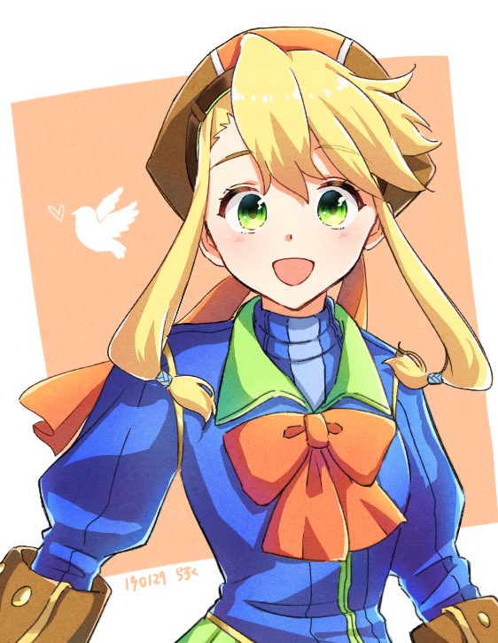 1girl, bird, blonde_hair, breasts, clarissa_arwin, commentary_request, gloves, green_eyes
