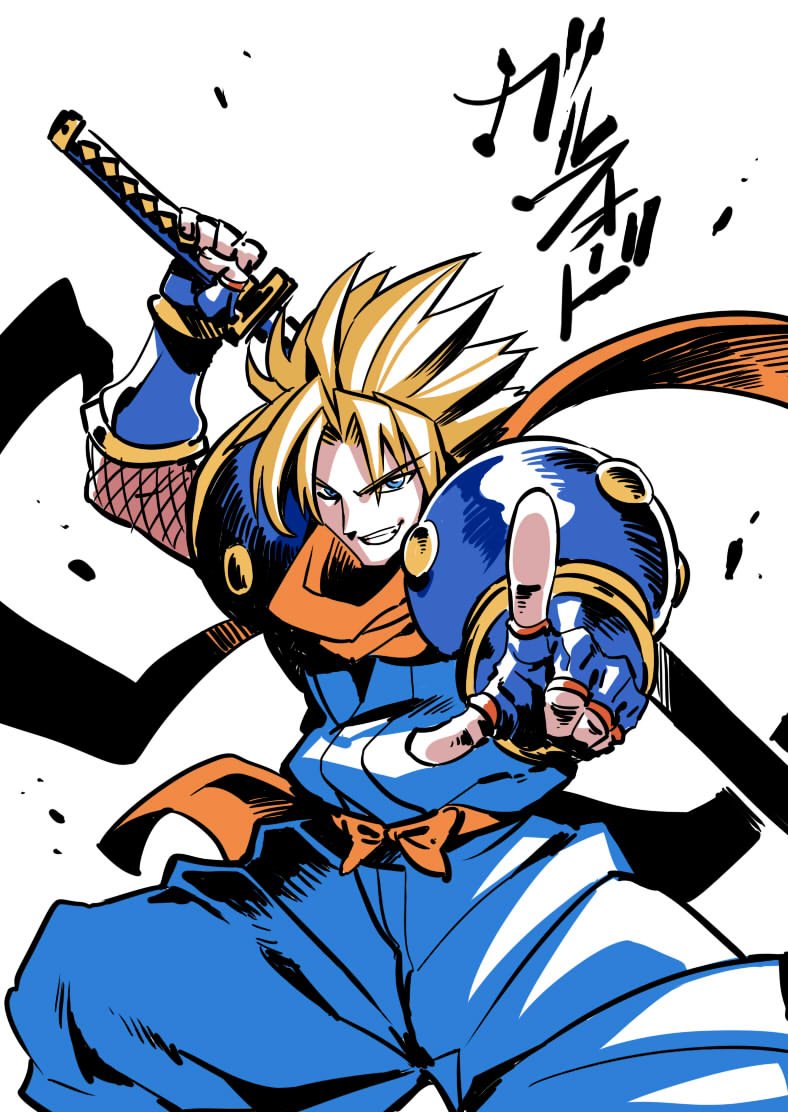 1boy, armor, blonde_hair, blue_eyes, commentary_request, fingerless_gloves, galford_d_weller, gloves