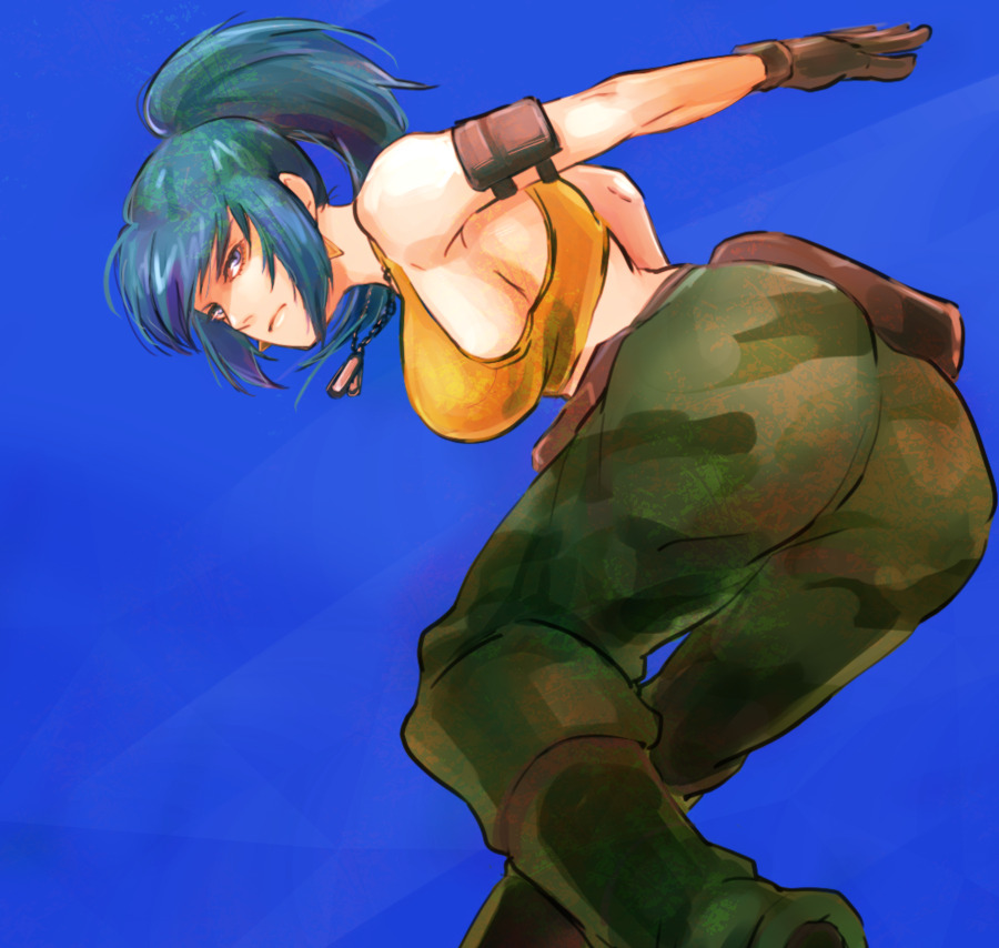 1girl, ass, bangs, blue_background, blue_eyes, blue_hair, breasts, camouflage, cargo_pants, closed_mouth, dog_tags, earrings, jewelry, leona_heidern, military, military_uniform, mojyavoltage6, pants, ponytail, pouch, serious, sideboob, soldier, solo, tank_top, the_king_of_fighters, the_king_of_fighters_xiv, triangle_earrings, twisted_torso, uniform, yellow_tank_top