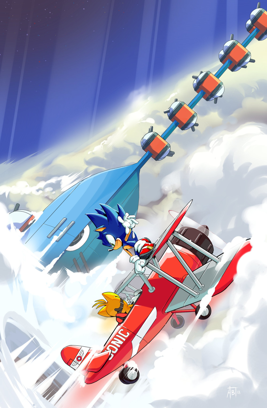 2boys, absurdres, adam_bryce_thomas, aircraft, airplane, airship, blue_sky, closed_mouth