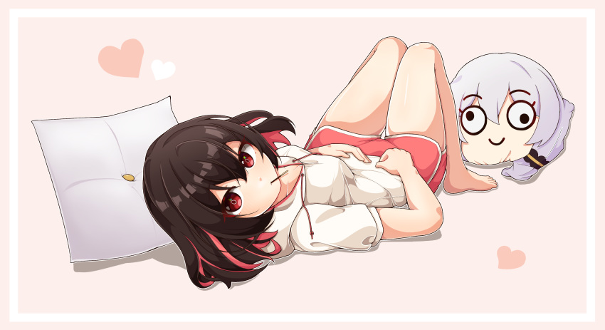 1girl, absurdres, bare_legs, barefoot, black_hair, casual, character_pillow, commentary