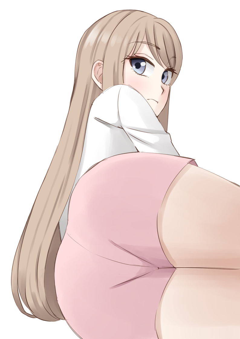 1girl, ass, brown_hair, easy_(aqk7bdqt), frown, gal_to_kyouryuu, grey_eyes, kaede_(gal_to_kyouryuu), long_hair, looking_at_viewer, lying, on_side, pink_shorts, shirt, short_shorts, shorts, solo, white_background, white_shirt