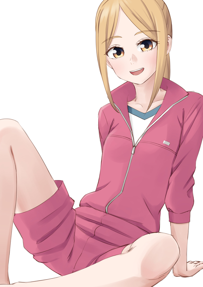 1girl, :d, blonde_hair, brown_eyes, easy_(aqk7bdqt), eripiyo, feet_out_of_frame, jacket
