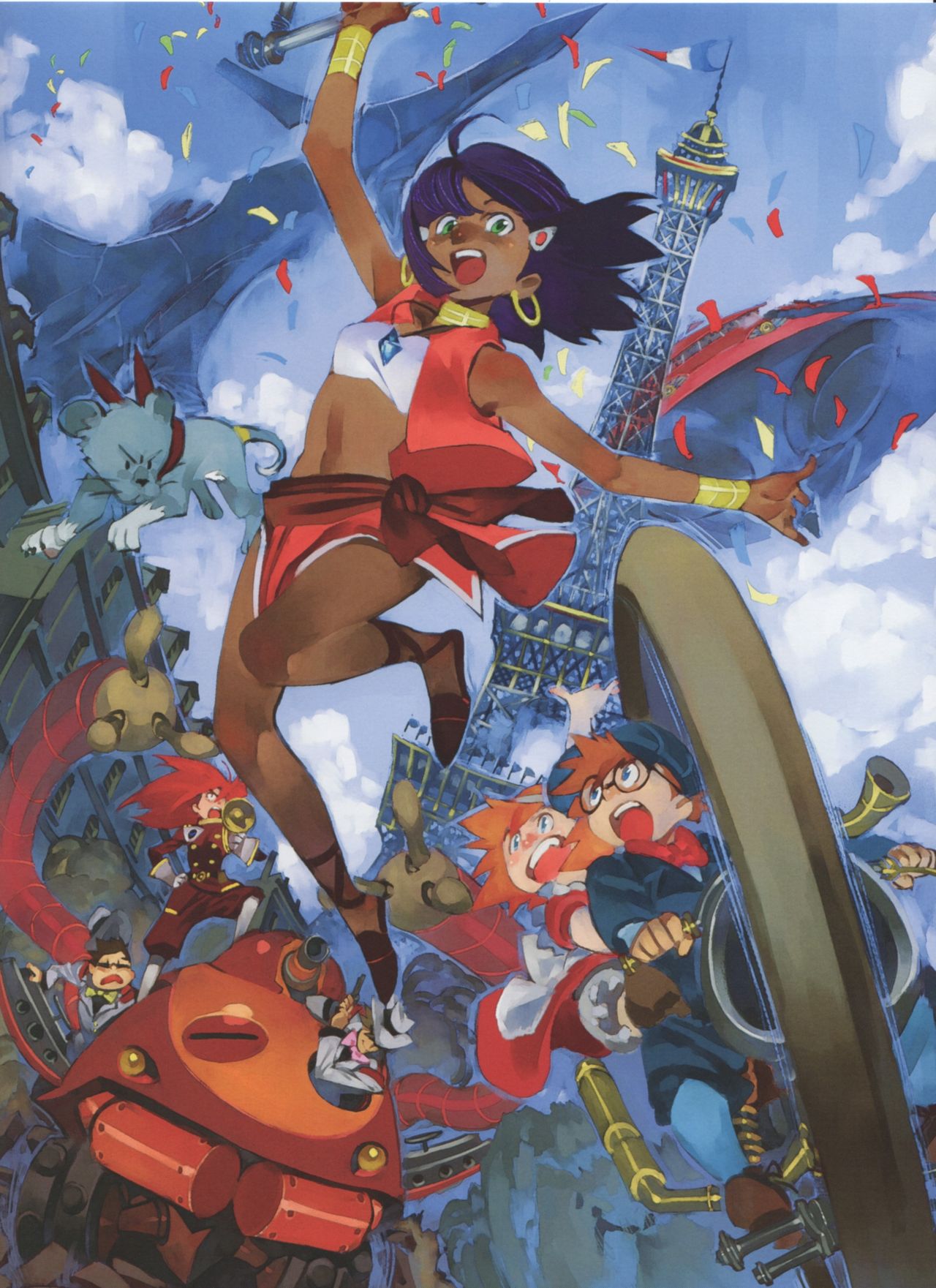 3boys, 3girls, blue_eyes, city, dark_skin, fushigi_no_umi_no_nadia, gainax, grandis_granva