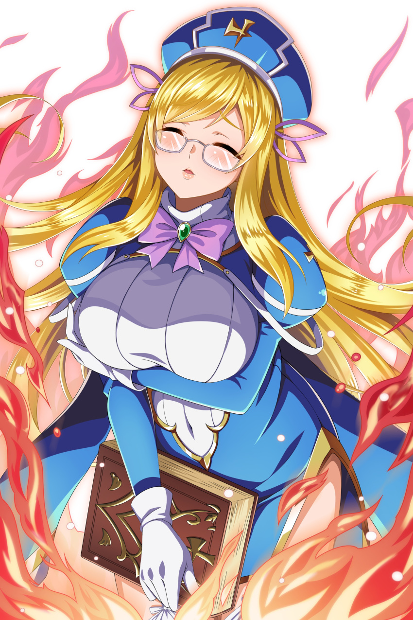 1girl, absurdres, bangs, blonde_hair, blue_dress, blush, book, bow