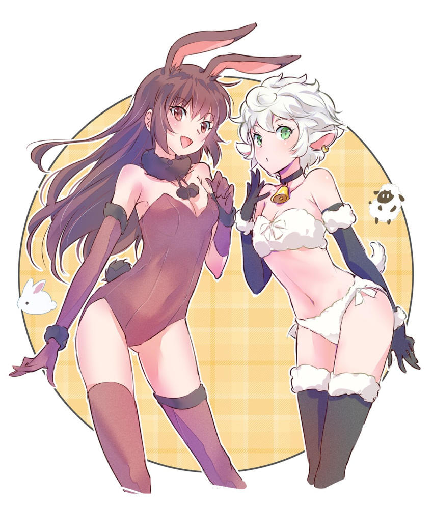 animal_ears, bell, bell_choker, bell_collar, bell_earrings, brown_eyes, brown_hair, bunny_girl