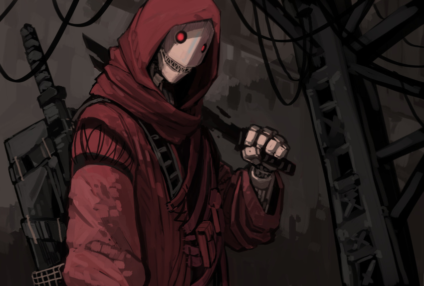 1boy, highres, holding, holding_weapon, hood, hood_up, linne_(ruielinne), looking_at_viewer, male_focus, original, over_shoulder, post-apocalypse, red_eyes, robot, scabbard, sharp_teeth, sheath, sheathed, smile, solo, teeth, upper_body, weapon, weapon_on_back, weapon_over_shoulder