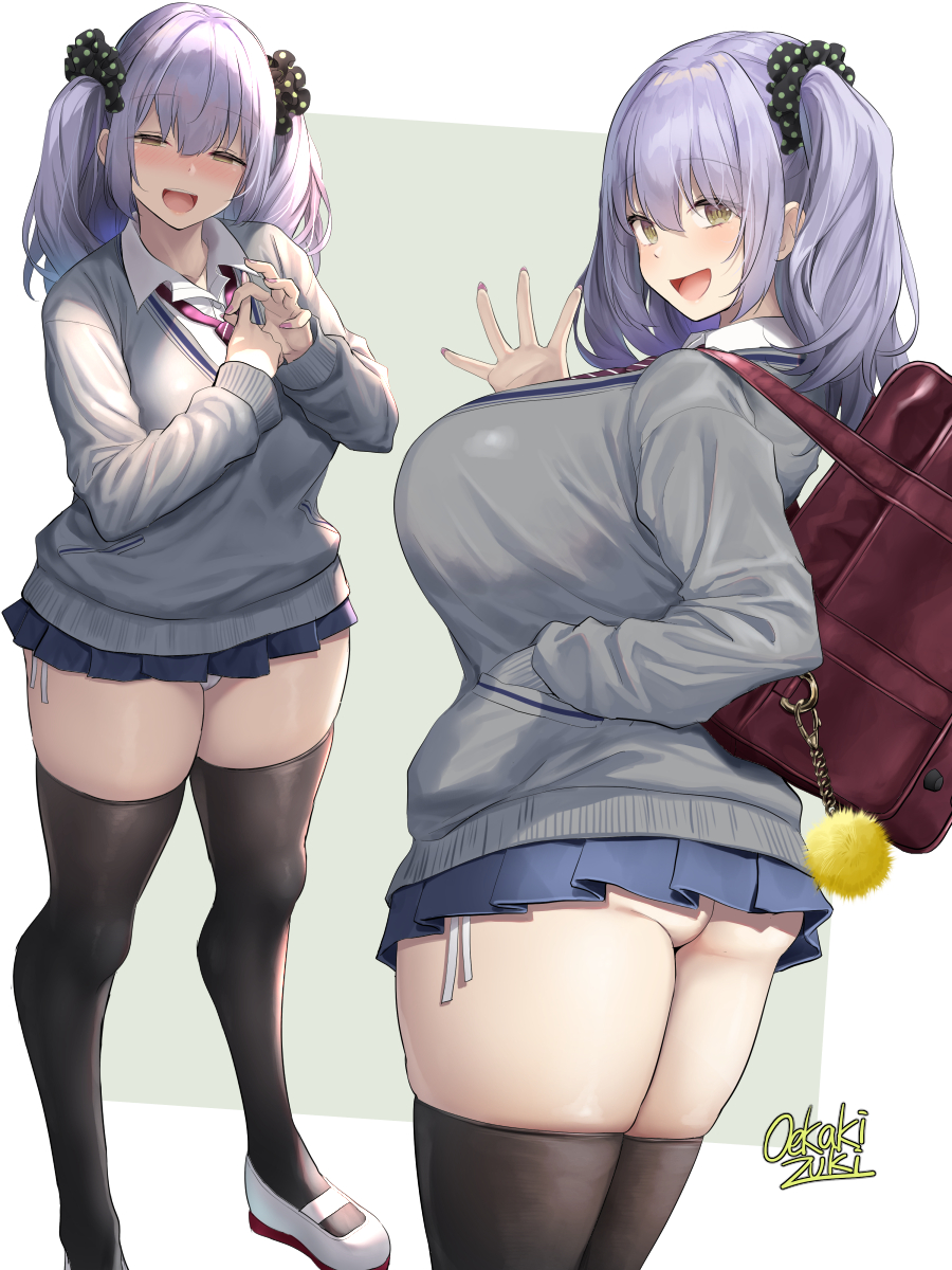 1girl, ass, bag, bangs, black_legwear, blue_skirt, blush, breasts