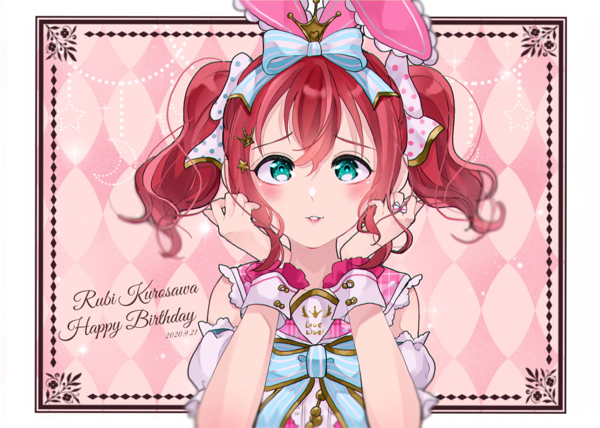 1girl, aqua_eyes, birthday, bow, character_name, commentary_request, copyright_name, dated, english_text, hair_between_eyes, hair_bow, hair_ribbon, happy_birthday, highres, kurosawa_ruby, looking_at_viewer, love_live!, love_live!_sunshine!!, maple_(maplesiroop), pink_background, redhead, ribbon, solo, twintails, upper_body, wrist_cuffs