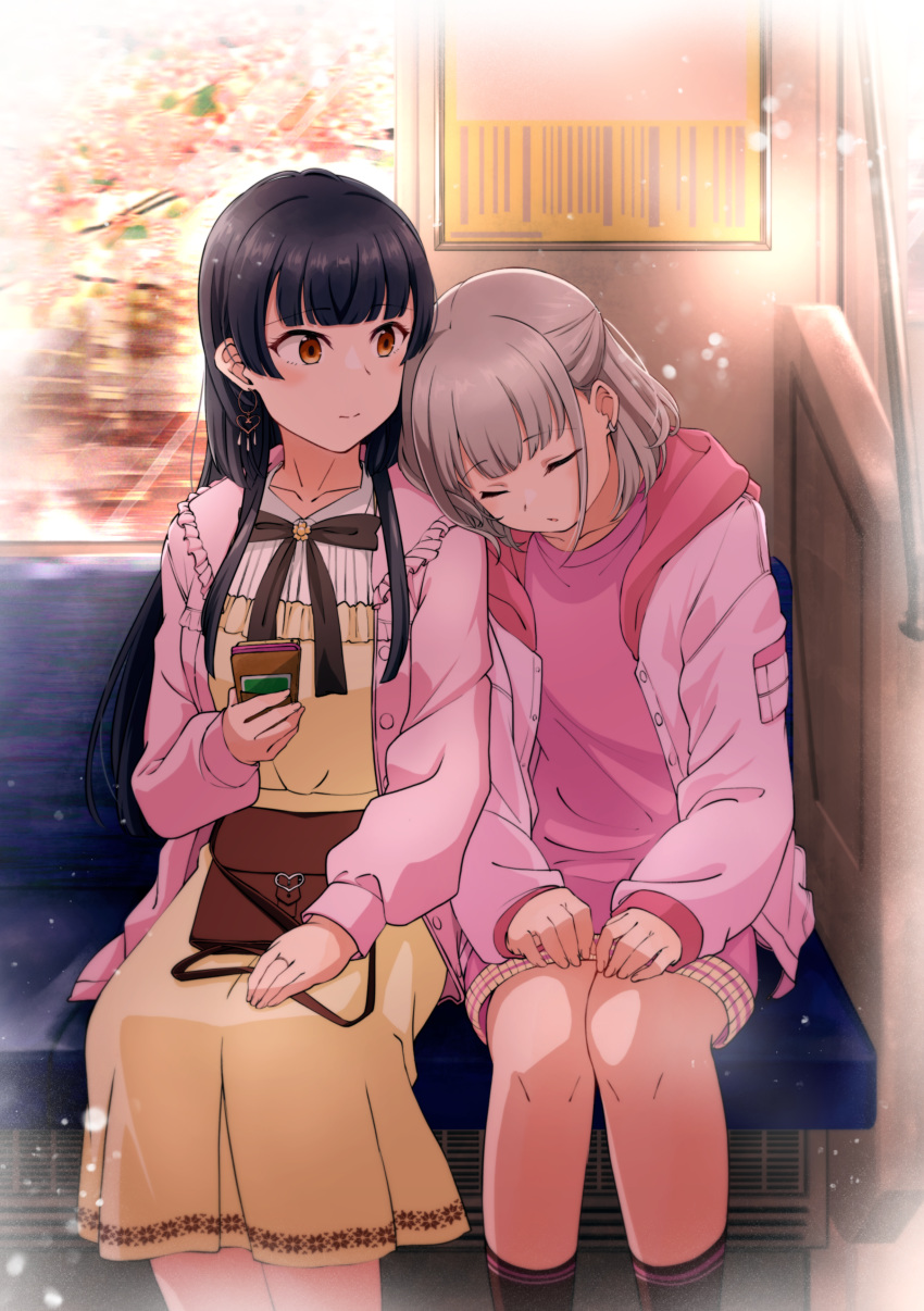 2girls, absurdres, black_hair, brown_eyes, closed_eyes, dress, head_on_shoulder, highres