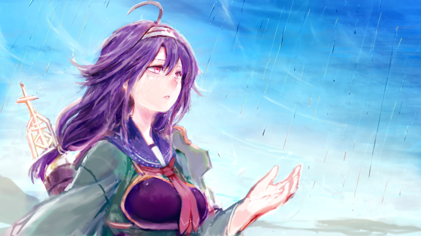 1girl, ahoge, blue_sailor_collar, day, green_kimono, hair_flaps, hairband, japanese_clothes