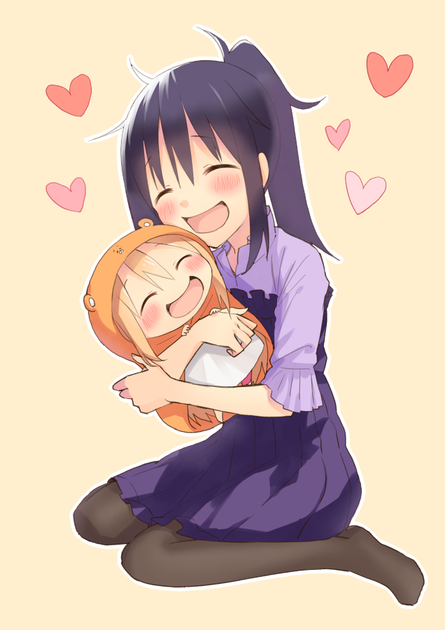 2girls, :d, ^_^, bangs, black_hair, black_legwear, blonde_hair, blush