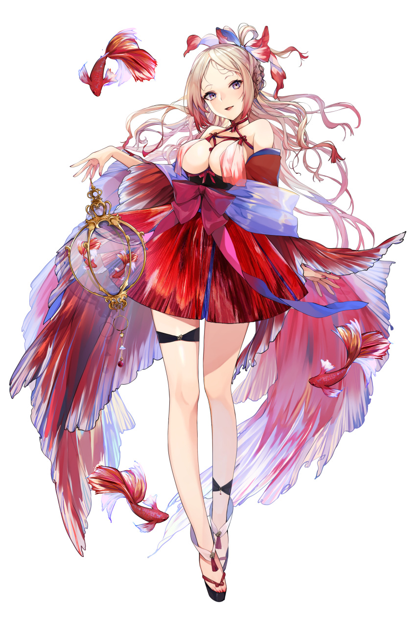 1girl, absurdres, blush, breast_curtains, breasts, dress, fish, fishbowl