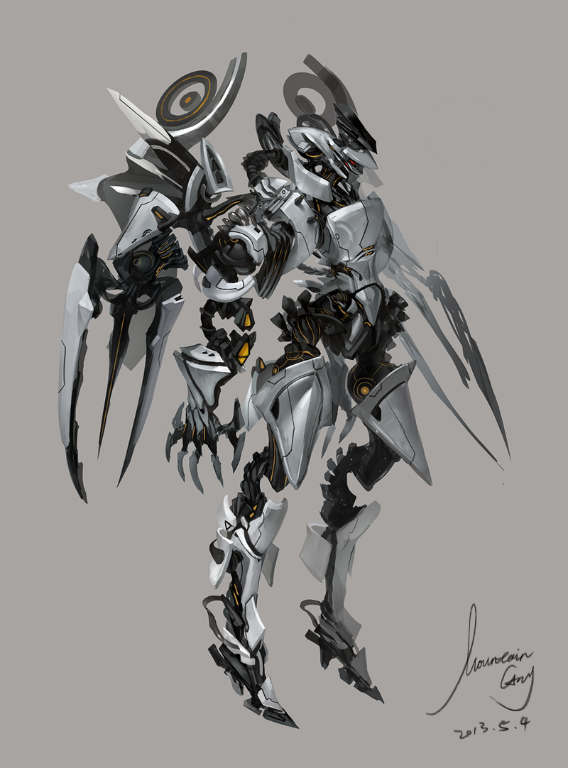 artist_name, dated, extra_eyes, floating, grey_background, konghai_shanren, mecha, no_humans