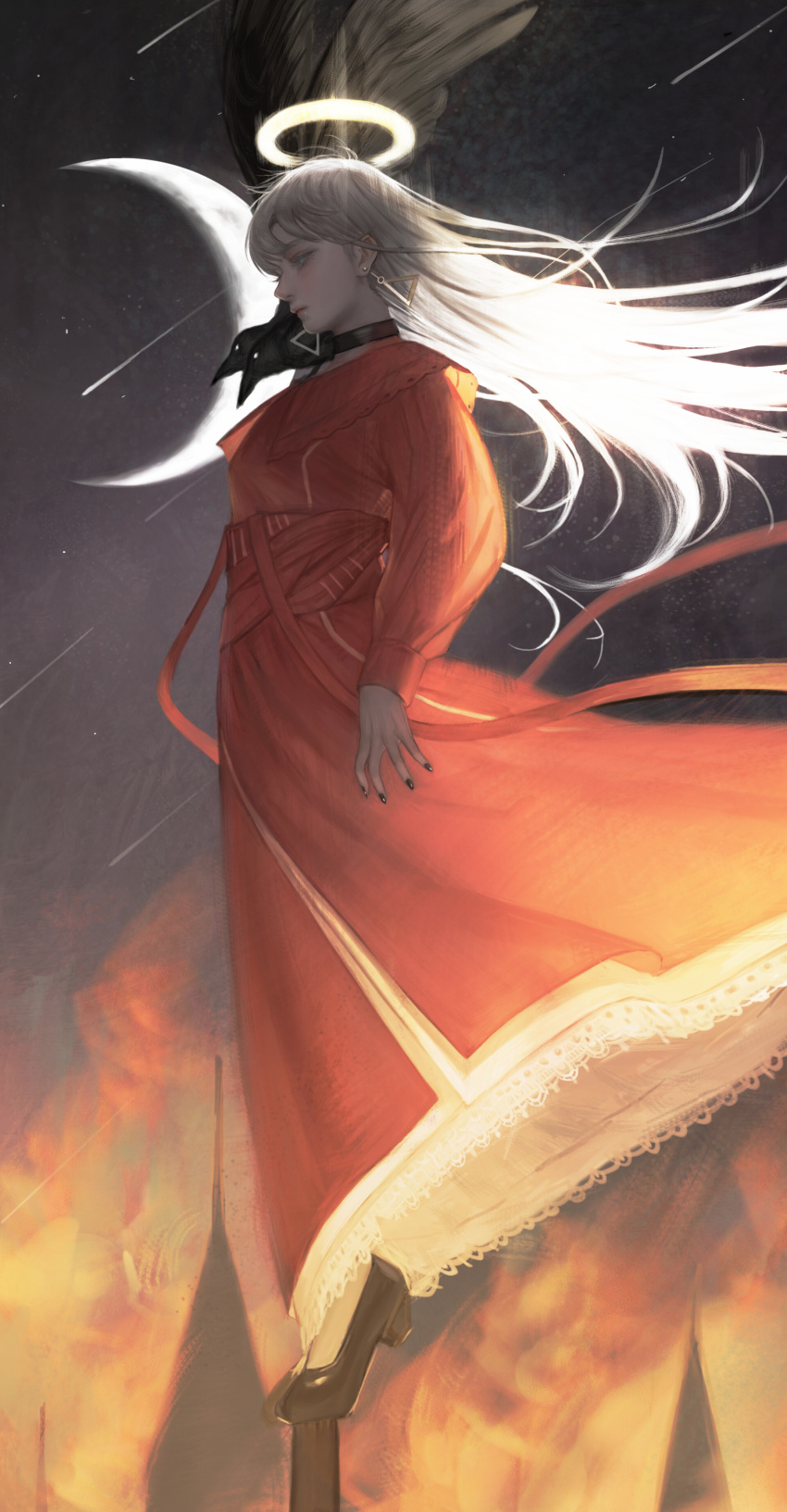 1girl, absurdres, angel, black_nails, burning, closed_mouth, collar, commentary_request