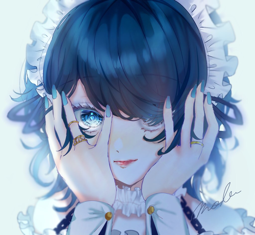 1girl, bangs, blue_eyes, blue_hair, blue_nails, choker, closed_mouth, covering_face