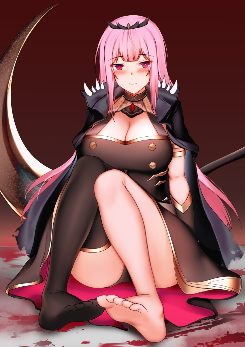 1girl, barefoot, black_legwear, blood, blood_splatter, blush, breasts, closed_mouth, commentary, english_commentary, full_body, highres, hololive, hololive_english, kitsune_udon_(ai_br), large_breasts, long_hair, mori_calliope, pink_eyes, pink_hair, scythe, shoulder_spikes, single_thighhigh, sitting, smile, solo, spikes, thigh-highs, very_long_hair, virtual_youtuber
