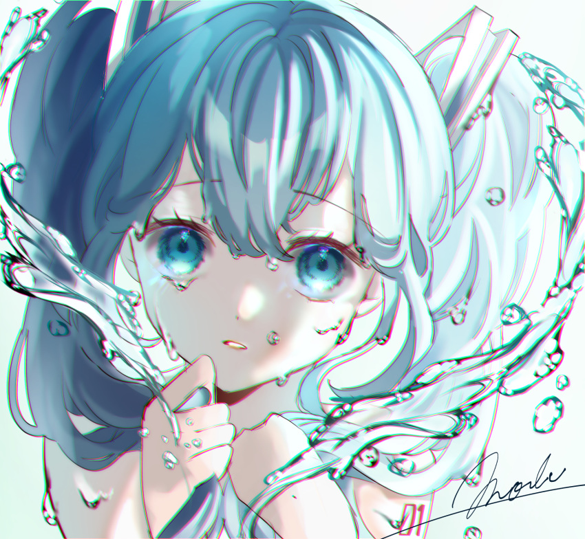 1girl, bangs, bare_shoulders, blue_eyes, blue_hair, dripping, eyelashes, hair_ornament