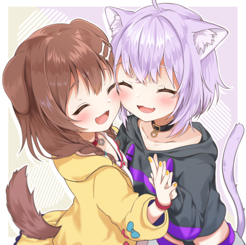 2girls, absurdres, ahoge, animal_ear_fluff, animal_ears, blush, bone_hair_ornament, braid