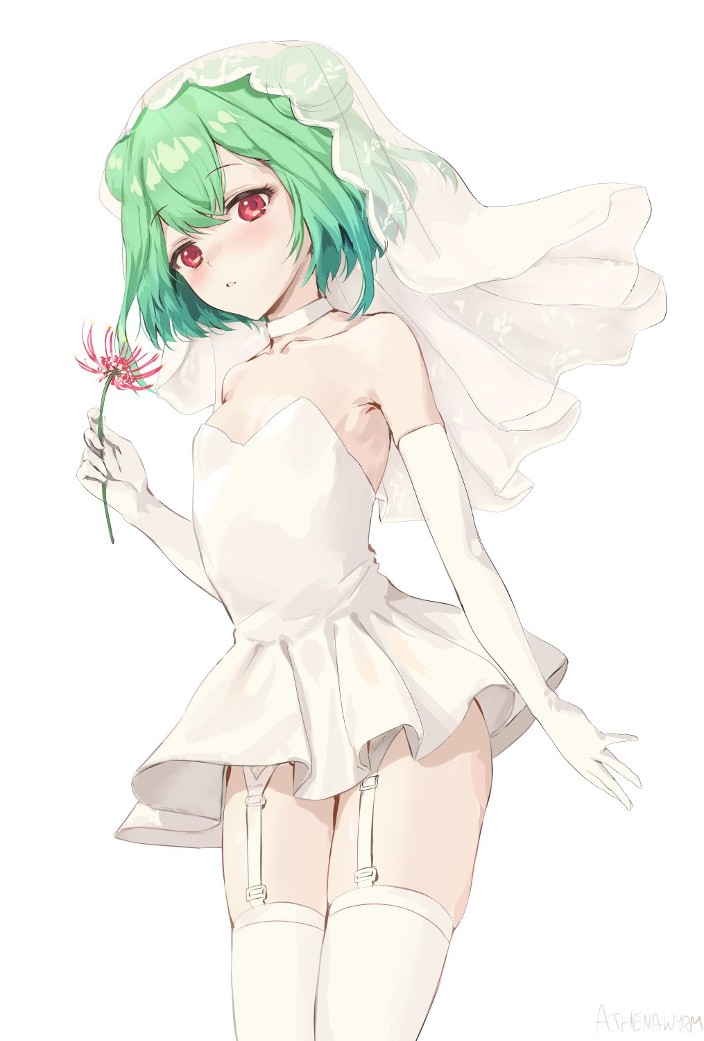 1girl, armpits, athenawyrm, blush, bridal_veil, bride, collarbone, double_bun