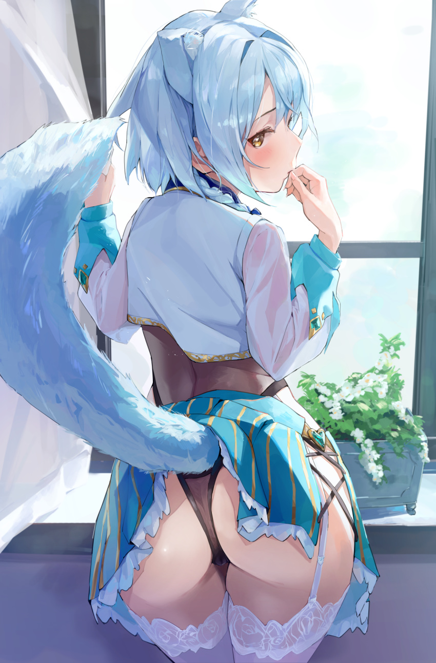 1girl, animal_ear_fluff, animal_ears, aqua_hair, ass, bangs, black_leotard, braid, brown_eyes, commentary_request, cowboy_shot, cropped_jacket, cross-laced_clothes, cross-laced_skirt, cross-laced_slit, curtain_grab, curtains, finger_to_mouth, from_behind, garter_straps, highres, lavie_(pride_of_eden), leotard, looking_back, medium_hair, musunde_hiraite_(mh5jta), plant, red:_pride_of_eden, shiny, shiny_skin, skirt, solo, striped, striped_skirt, tail, thigh-highs, thighs, white_legwear, window