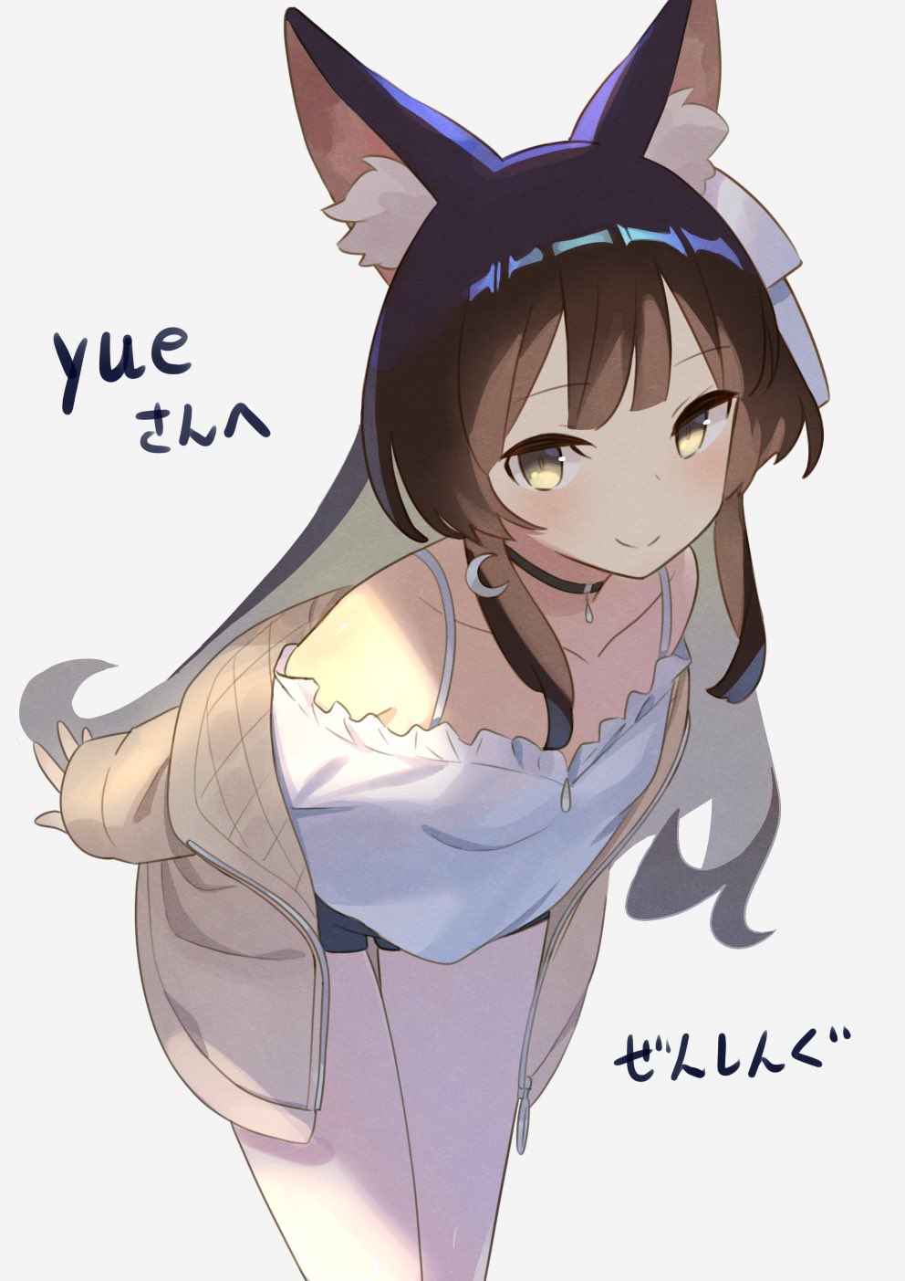 animal_ear_fluff, animal_ears, artist_name, bangs, bare_shoulders, black_choker, blush, brown_hair