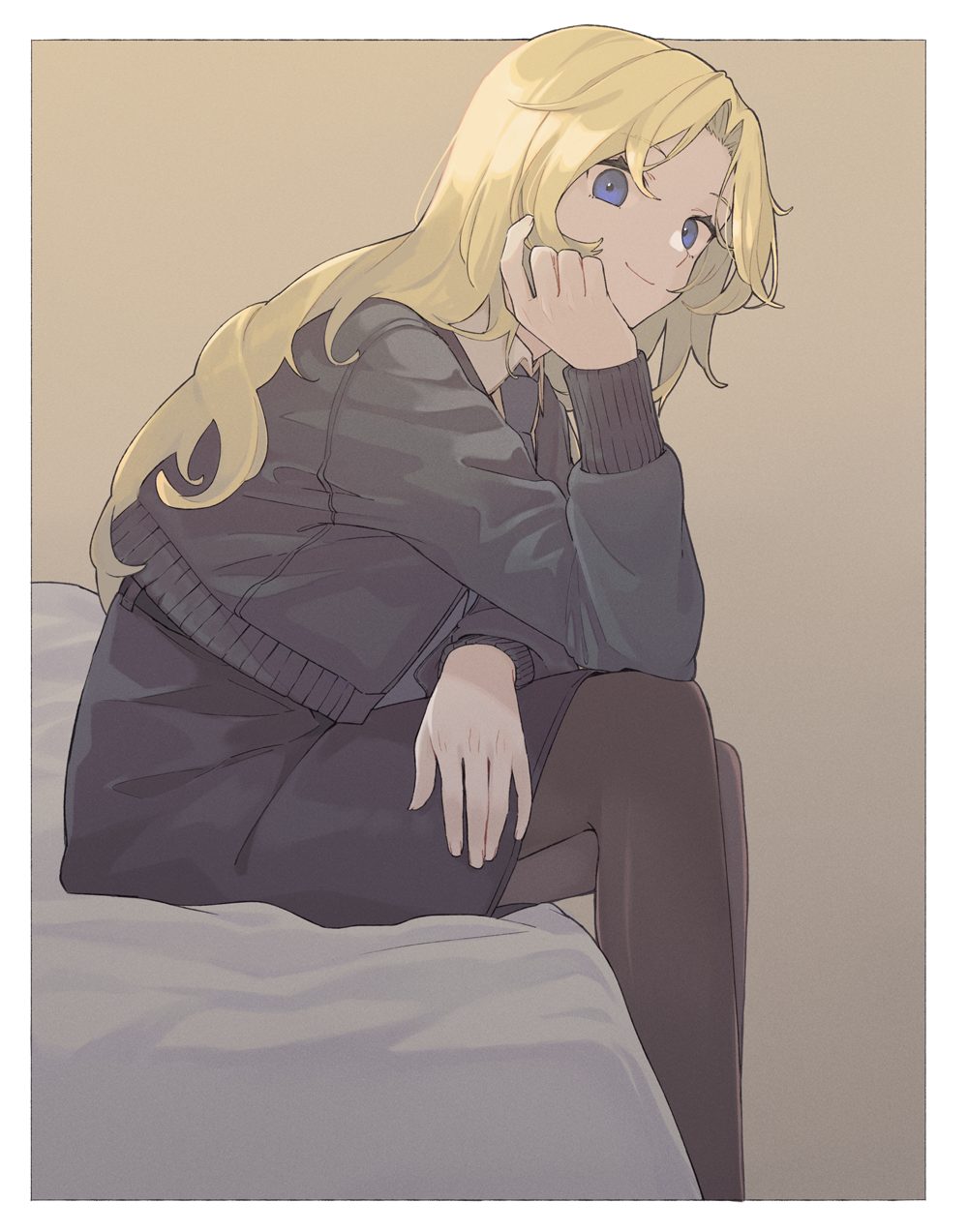1girl, black_jacket, black_legwear, black_skirt, blonde_hair, blue_eyes, blue_neckwear, border