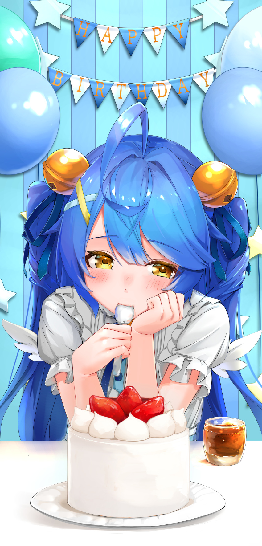 absurdres, ahoge, amamiya_kokoro, bell, blue_hair, blush, cake, commentary_request