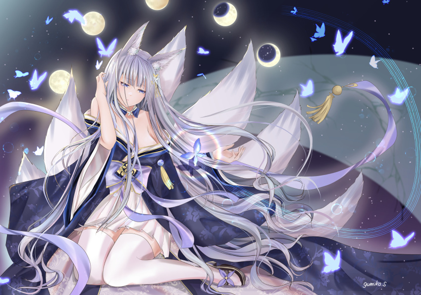 1girl, absurdres, animal_ear_fluff, animal_ears, azur_lane, black_footwear, black_kimono, blue_butterfly
