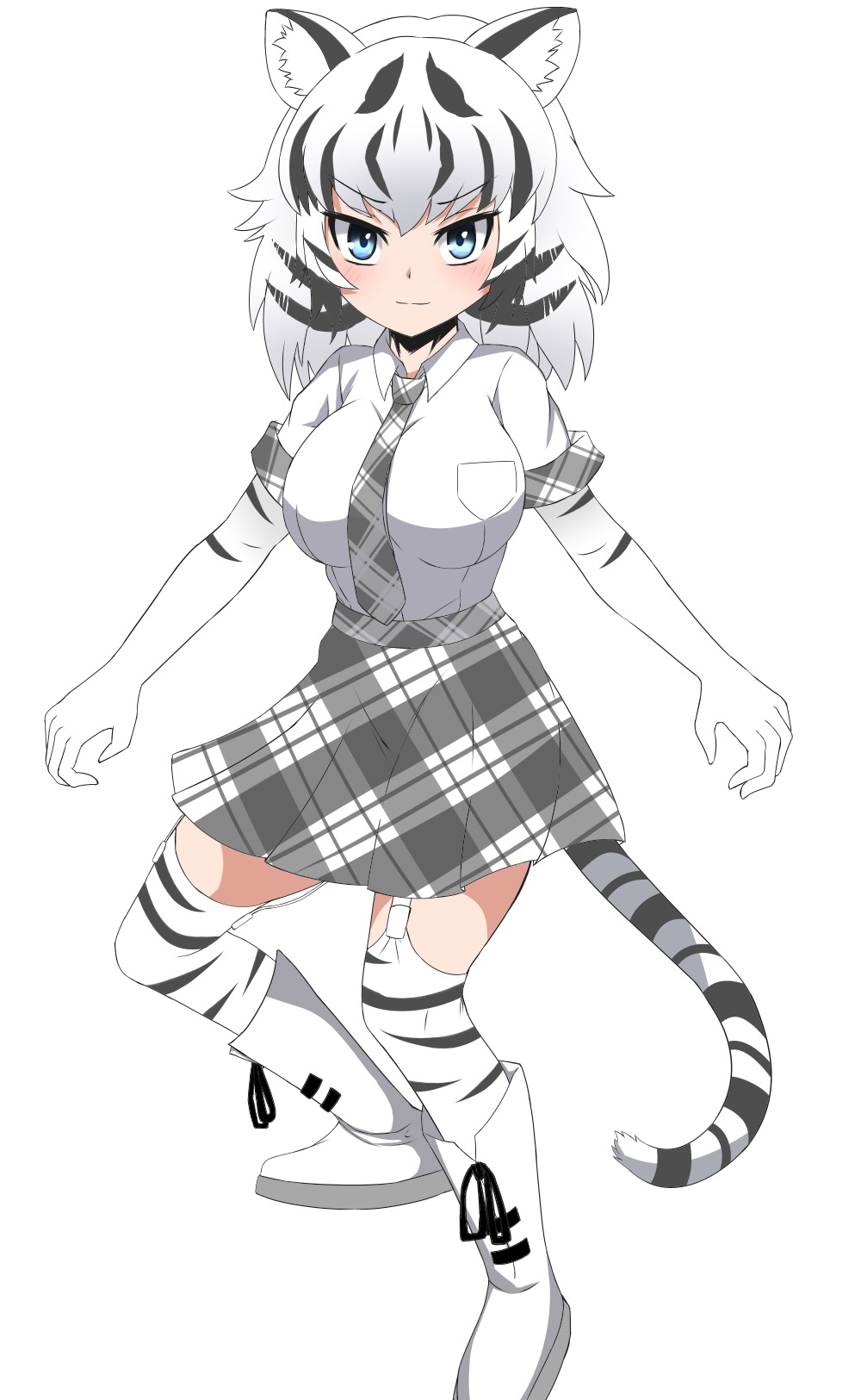 1girl, animal_ears, black_hair, blue_eyes, blush, boots, breasts, elbow_gloves, eyebrows_visible_through_hair, full_body, gloves, highres, kemono_friends, large_breasts, looking_at_viewer, multicolored_hair, plaid_neckwear, plaid_trim, simple_background, solo, tail, tiger_ears, tiger_tail, tsuchinokonoko, two-tone_hair, white_background, white_gloves, white_hair, white_tiger_(kemono_friends), white_tiger_print