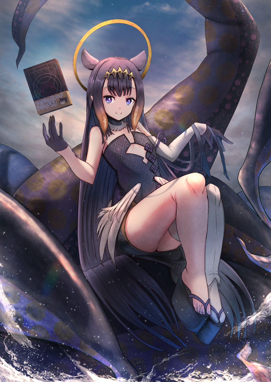 1girl, anemone_noa, blue_eyes, book, breasts, dress, gloves, halo