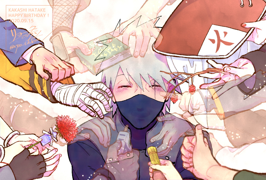 4girls, 6+boys, ^_^, asukachan_to_ryotakun, birthday, black_gloves, black_wristband, blue_shirt