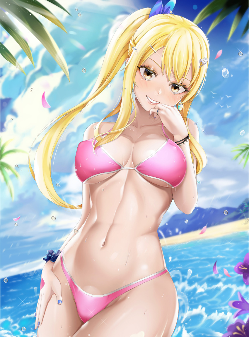 1girl, absurdres, akaisu, bangs, beach, bikini, blonde_hair, blush, breasts, breasts_apart, brown_eyes, collarbone, cowboy_shot, day, fairy_tail, hair_between_eyes, hair_ornament, hairclip, hand_on_hip, hand_tattoo, highres, large_breasts, long_hair, looking_at_viewer, lucy_heartfilia, navel, outdoors, parted_lips, ponytail, sky, smile, solo, swimsuit, teeth, water