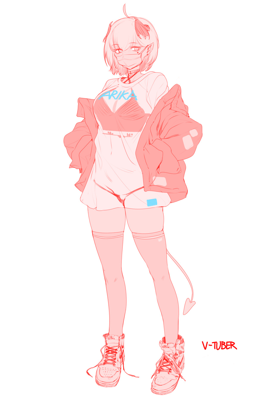 1girl, absurdres, breasts, cowlick, demon_tail, facial_tattoo, hands_in_pocket, heart