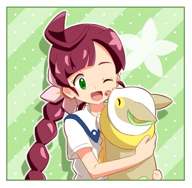 1girl, ;d, bangs, border, braid, chloe_(pokemon), commentary_request, eyelashes