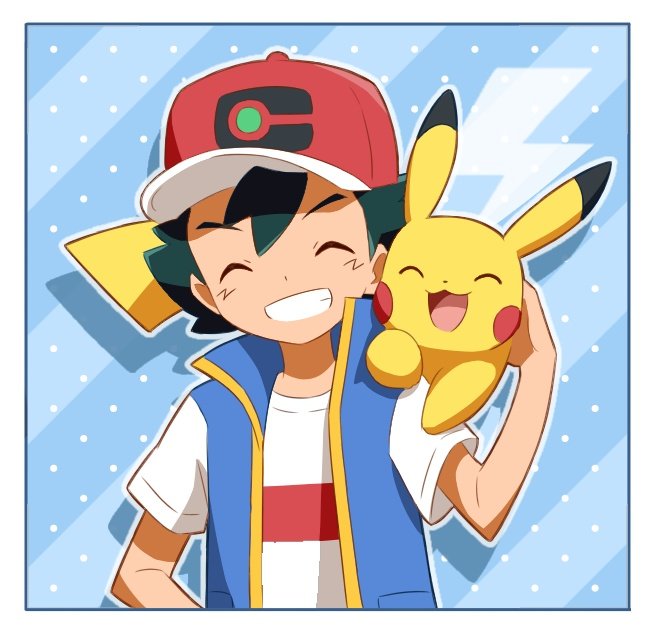 1boy, ash_ketchum, bangs, baseball_cap, blue_jacket, border, closed_eyes, commentary_request