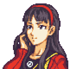 1girl, amagi_yukiko, black_eyes, black_hair, english_commentary, fire_emblem, glaceo, hairband, hand_in_hair, looking_up, lowres, parody, persona, persona_4, pixel_art, portrait, red_hairband, school_uniform, solo, style_parody, white_background