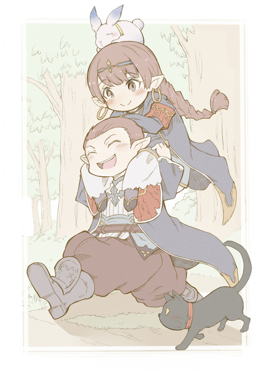 1boy, 1girl, animal_on_head, black_cat, braid, brother_and_sister, brown_eyes, brown_hair