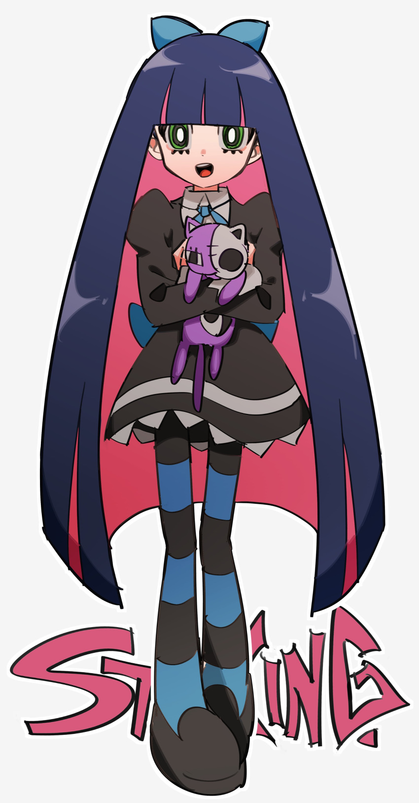 1girl, absurdres, black_dress, bright_pupils, colored_inner_hair, dress, green_eyes, highres, hyow, long_hair, looking_at_viewer, multicolored_hair, open_mouth, panty_&amp;_stocking_with_garterbelt, pink_hair, purple_hair, solo, stocking_(psg), very_long_hair, white_pupils, younger