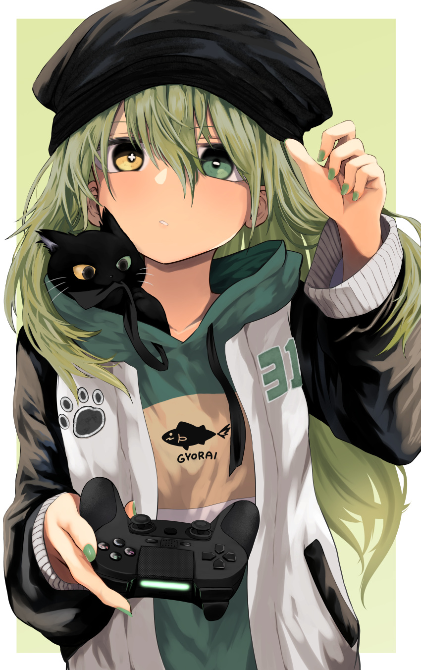 +_-, 1girl, absurdres, animal, animal_in_clothes, bangs, beret, biting
