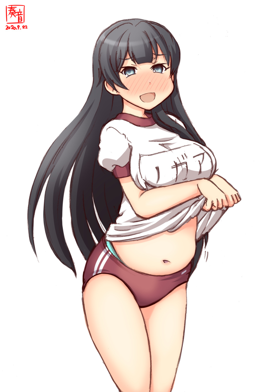 1girl, agano_(kantai_collection), alternate_costume, artist_logo, black_hair, blue_panties, breasts, buruma, commentary_request, cowboy_shot, dated, eyebrows_visible_through_hair, flab, green_eyes, gym_shirt, gym_uniform, highres, kanon_(kurogane_knights), kantai_collection, large_breasts, long_hair, looking_at_viewer, name_tag, navel, open_mouth, panties, panties_under_buruma, red_buruma, shirt, shirt_lift, short_sleeves, signature, simple_background, smile, solo, t-shirt, underwear, white_background, white_shirt