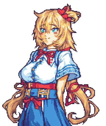 akai_haato, arms_behind_back, blonde_hair, blue_eyes, blue_skirt, breasts, english_commentary, fire_emblem, glaceo, happy_birthday, hololive, large_breasts, long_hair, looking_ahead, parody, pixel_art, skirt, style_parody, transparent_background, very_long_hair, virtual_youtuber
