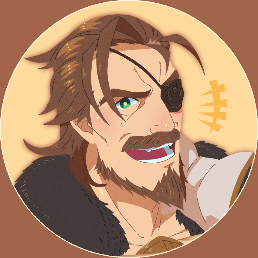 1boy, brown_eyes, brown_hair, close-up, eugen_(granblue_fantasy), eyepatch, face, facial_hair, goatee, granblue_fantasy, green_eyes, highres, looking_at_viewer, male_focus, manly, medium_hair, mustache, open_mouth, portrait, smile, smith_(ardp13), solo