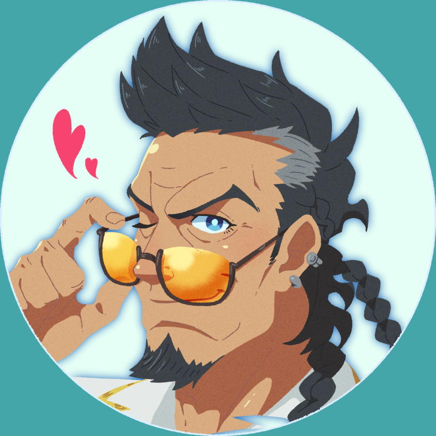 1boy, black_hair, blue_eyes, close-up, earrings, eyewear_removed, face, facial_hair, goatee, granblue_fantasy, grey_hair, heart, highres, jewelry, looking_at_viewer, manly, medium_hair, multicolored_hair, one_eye_closed, portrait, smile, smith_(ardp13), solo, two-tone_hair, yngwie