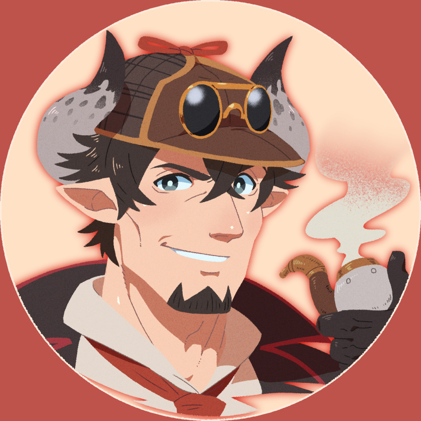 1boy, barawa, black_eyes, brown_hair, close-up, draph, face, facial_hair