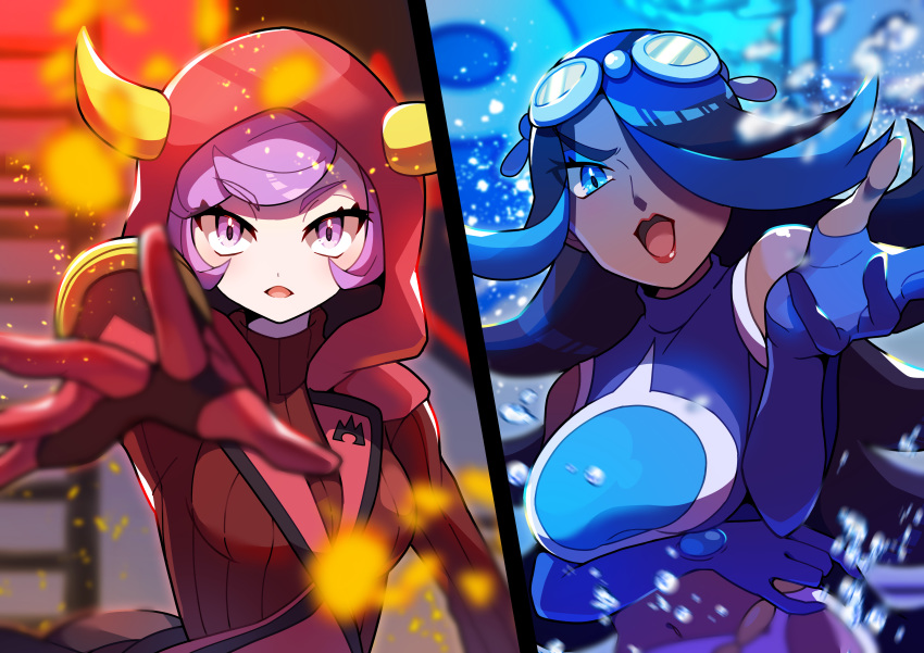 2girls, absurdres, bangs, black_hair, blue_eyes, blue_hair, breasts, bubble, commentary_request, courtney_(pokemon), dark_skin, eyebrows_visible_through_hair, eyelashes, eyeshadow, fake_horns, fire, gloves, goggles, goggles_on_head, hair_over_one_eye, highres, hood, horns, lipstick, long_hair, looking_at_viewer, makeup, multicolored_hair, multiple_girls, navel, open_mouth, pokemon, pokemon_(game), pokemon_oras, pon_yui, purple_hair, red_lips, ribbed_sweater, shelly_(pokemon), short_hair, splitscreen, spread_fingers, sweater, team_aqua, team_magma, team_magma_uniform, two-tone_hair, uniform, violet_eyes