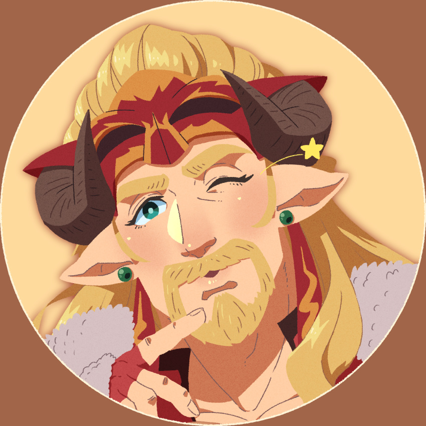 1boy, blonde_hair, close-up, draph, earrings, face, facial_hair, finger_to_mouth