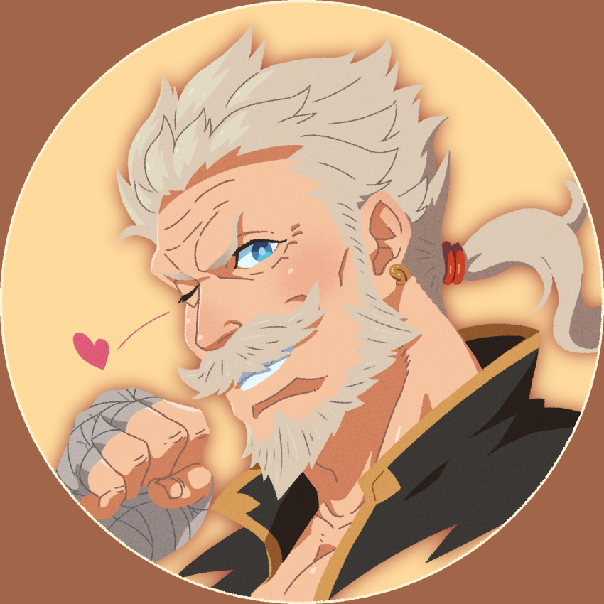 1boy, bandages, beard, blue_eyes, chest, close-up, earrings, face