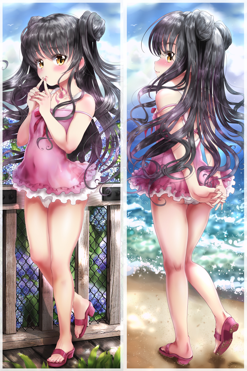 1girl, absurdres, arms_behind_back, ass, back, bangs, bare_shoulders, beach, black_hair, blue_sky, blush, breasts, chest_tattoo, chunyan, closed_mouth, double_bun, dress_swimsuit, facial_mark, fate/grand_order, fate_(series), fence, flower, forehead_mark, full_body, highres, legs, long_hair, looking_at_viewer, looking_back, multicolored_hair, multiple_views, ocean, parted_bangs, pink_hair, pink_swimsuit, sandals, sesshouin_kiara, sesshouin_kiara_(lily), shore, sky, small_breasts, streaked_hair, swimsuit, tattoo, wavy_hair, yellow_eyes